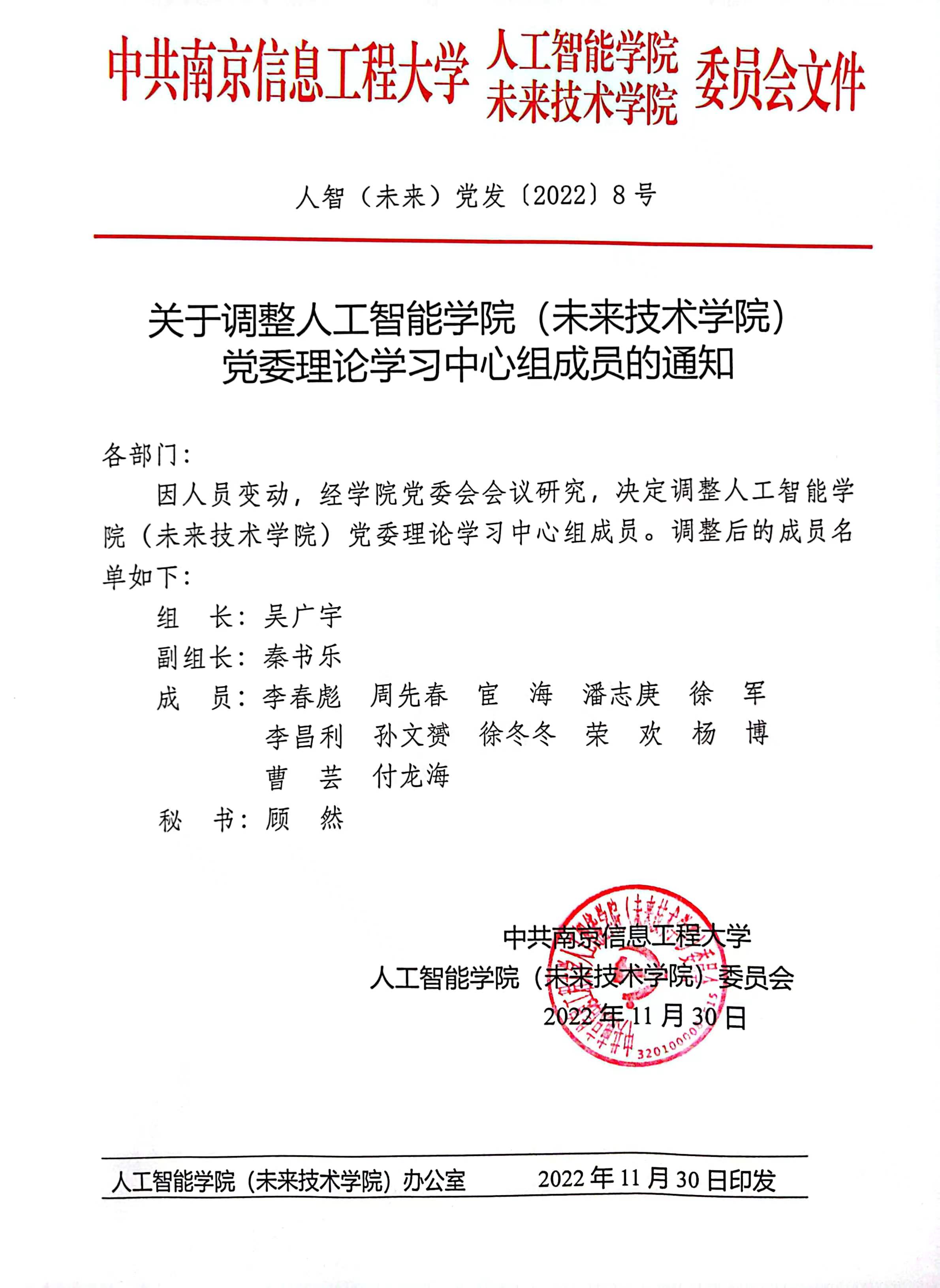 关于调整人工智能学院未来技术学院党委理论学习中心组成员的通知